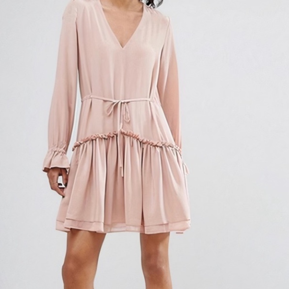 All Saints Alia Ruffle Silk Dress Nude Pink Size M
